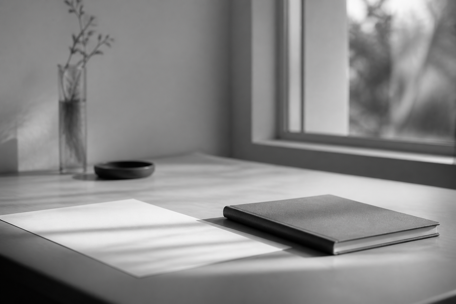 A quiet monochrome desk scene with a notebook and paper.